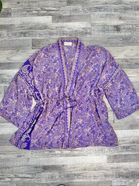 Kantha Bae purple pattern silk kimono pockets drawstring OSFM E24